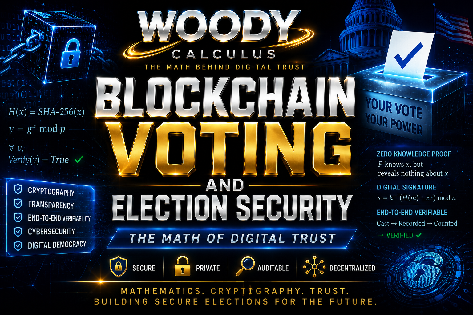 Blockchain voting and election security visual showing cryptographic verification, hash functions, digital ballots, audit trails, and mathematical trust.