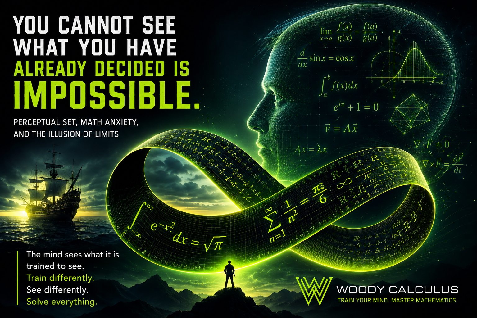 Futuristic Woody Calculus style artwork featuring a glowing Möbius strip covered in advanced mathematics, a neon geometric human face, calculus equations, and themes of perception, infinity, and mathematical thinking.