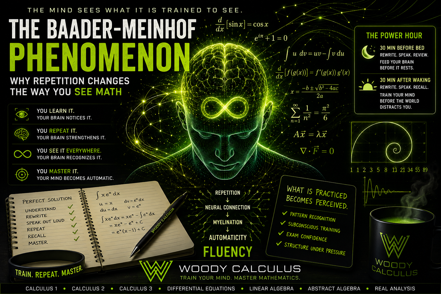 Neon sci-fi infographic explaining the Baader-Meinhof phenomenon, mathematical pattern recognition, subconscious training, and repetition-based learning in advanced mathematics by Woody Calculus