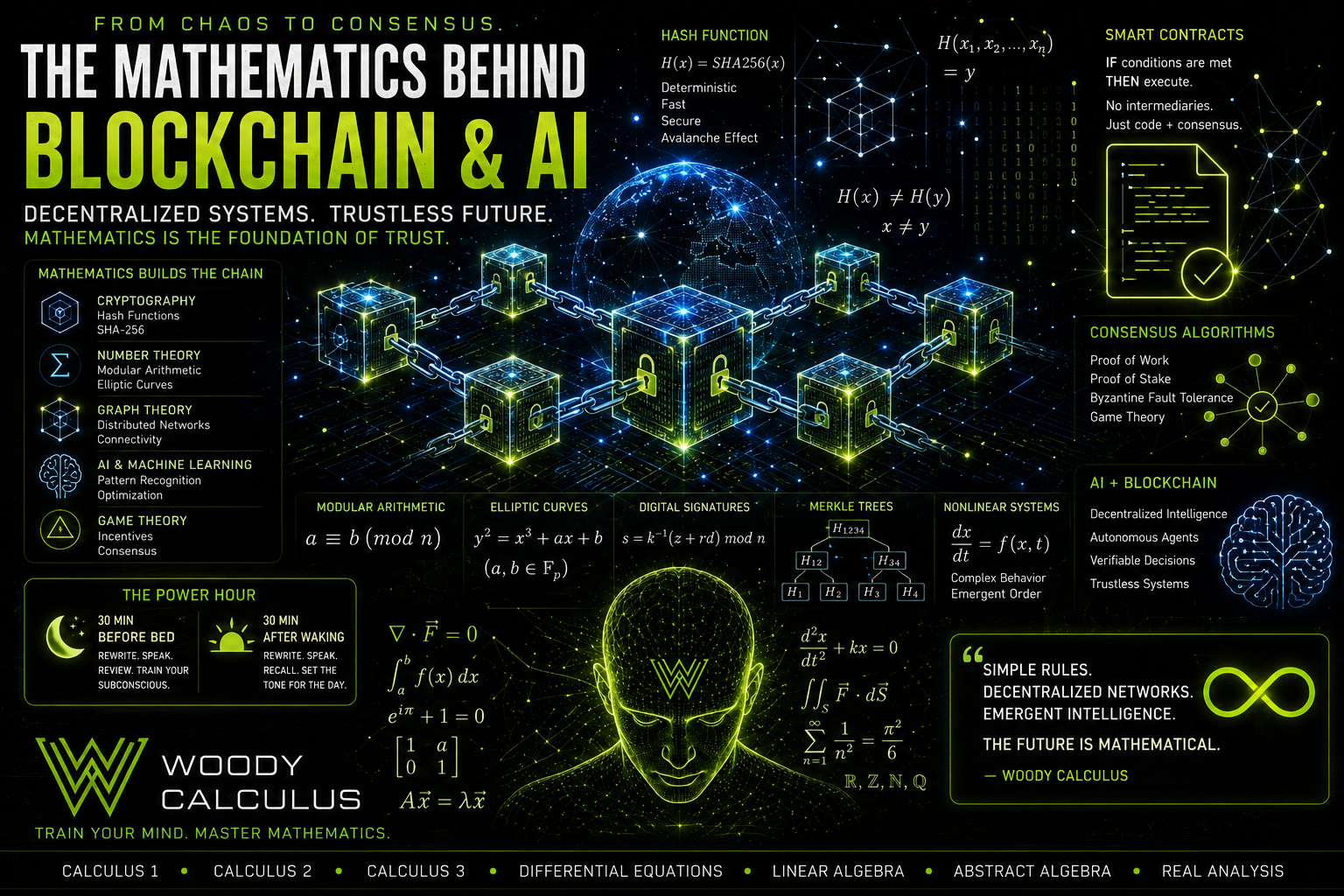 Cyber-futuristic infographic explaining the mathematics behind blockchain, artificial intelligence, cryptography, decentralized systems, smart contracts, and nonlinear dynamics by Woody Calculus