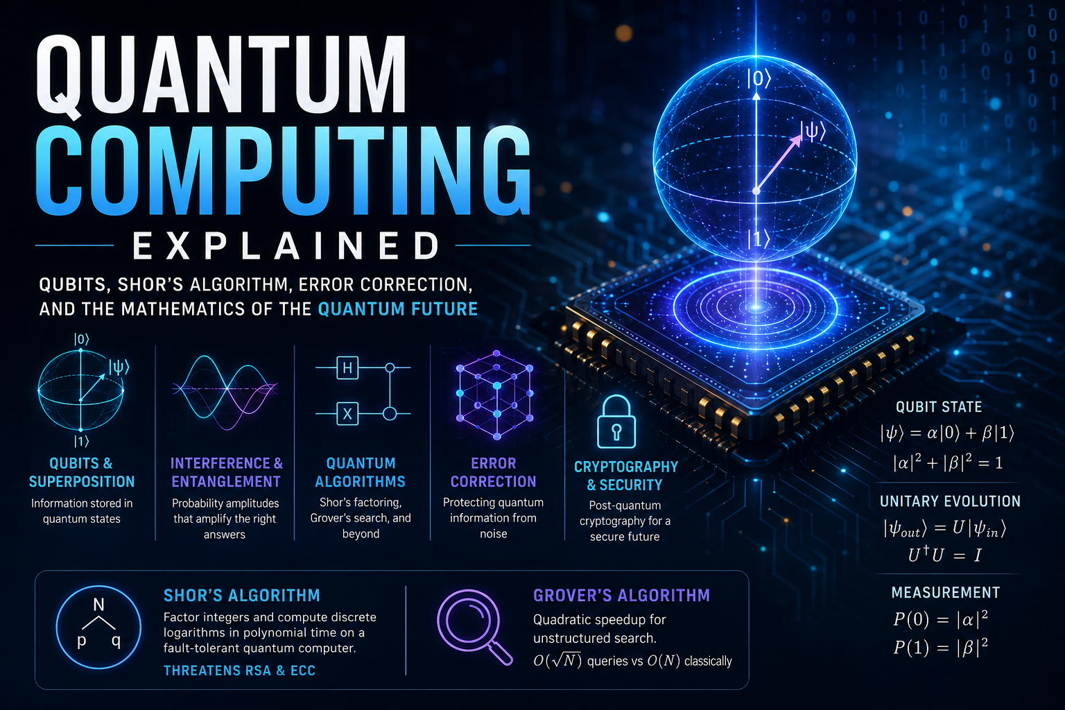 Quantum computing visualization with a glowing qubit, quantum processor, algorithms, error correction, and cryptography