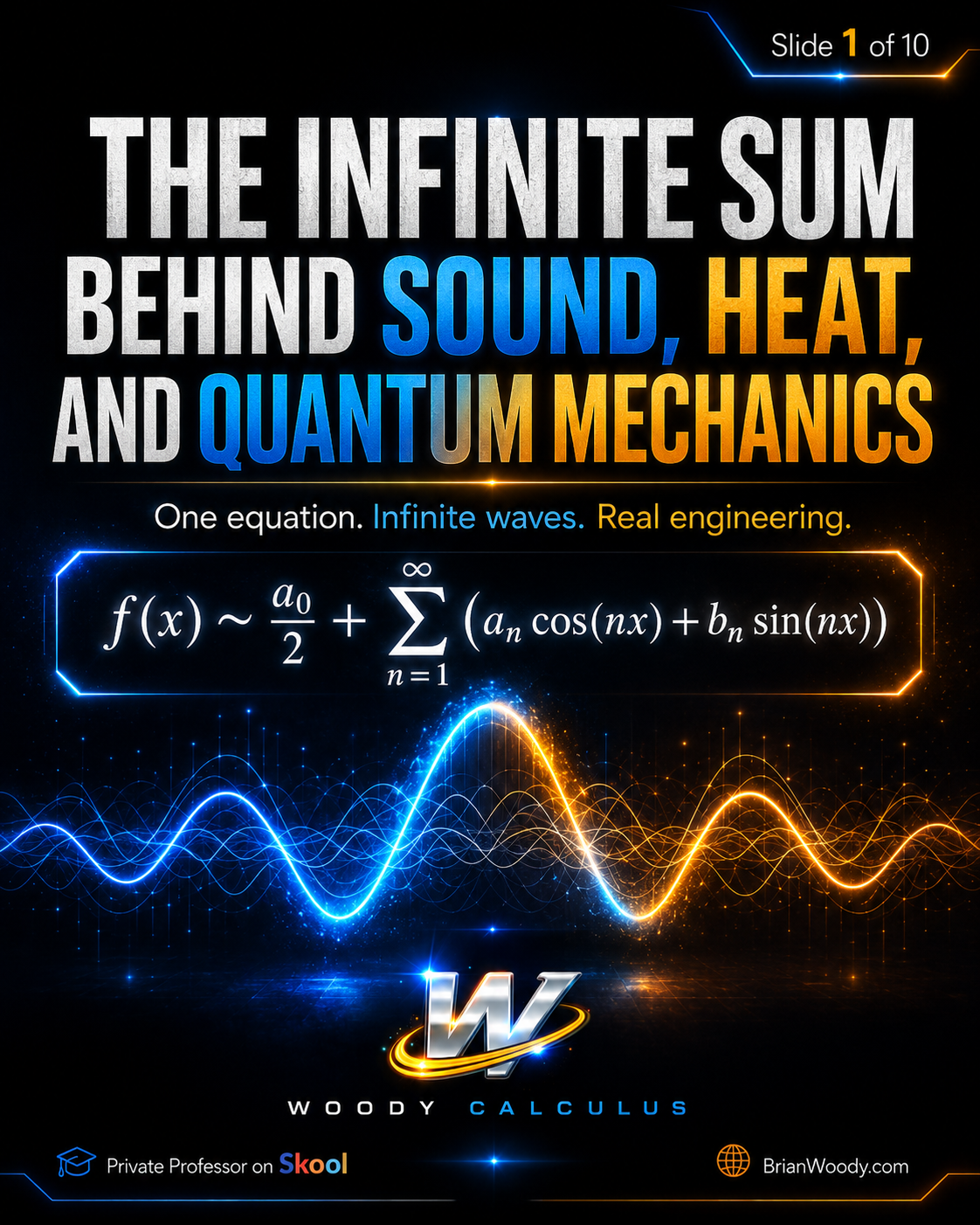 Fourier series formula with glowing sine waves showing harmonics behind sound heat equations and quantum mechanics