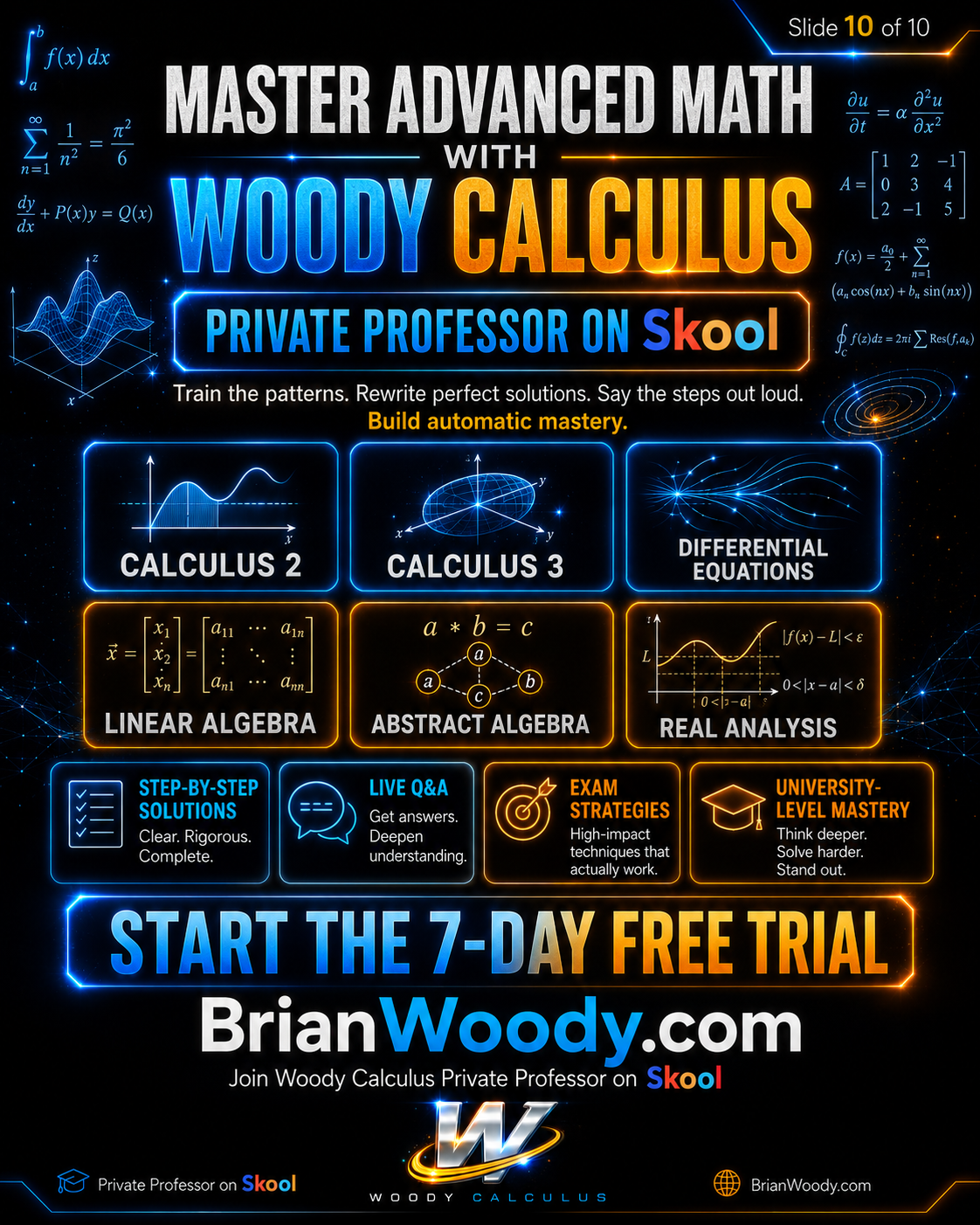 Woody Calculus advanced mathematics final slide promoting Calculus Differential Equations Linear Algebra Abstract Algebra and Real Analysis