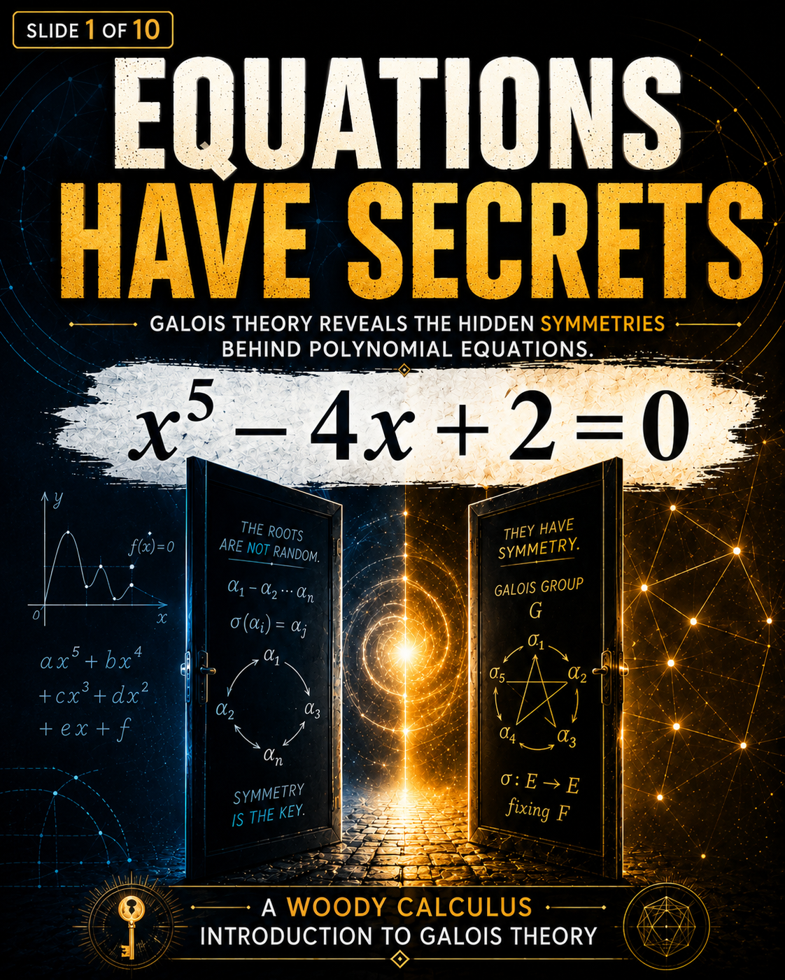 Galois Theory introduction showing polynomial equations, hidden symmetries, roots, automorphisms, and the quintic equation