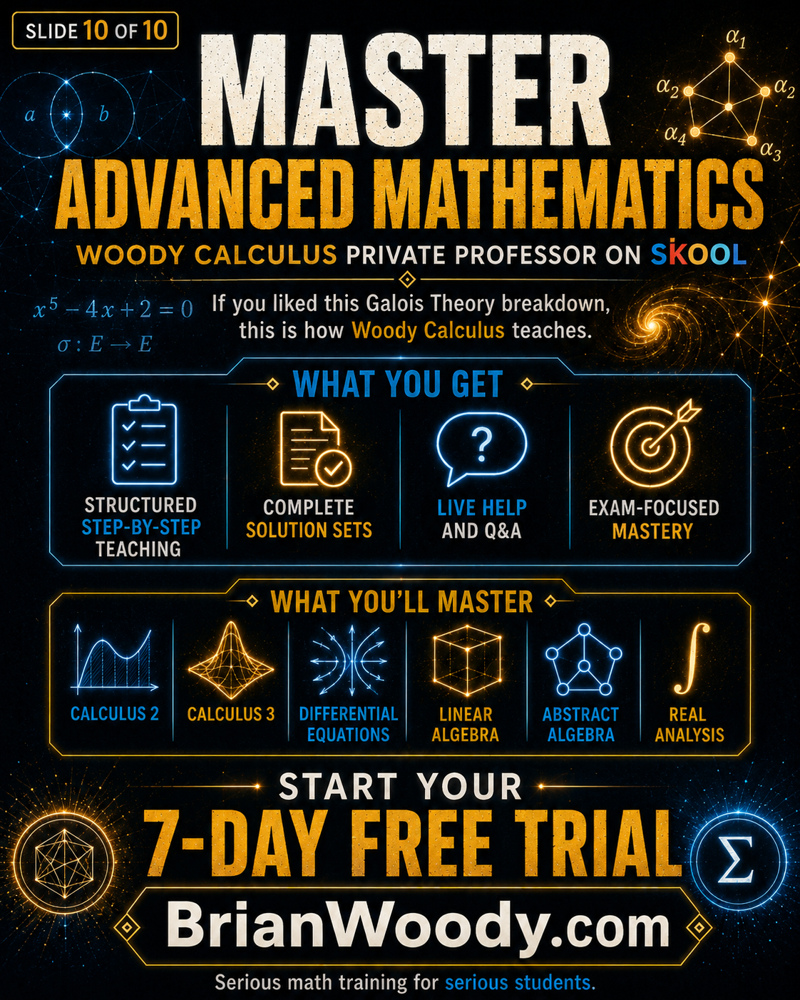 Woody Calculus Private Professor on Skool advertisement for Abstract Algebra, Galois Theory, Calculus, Differential Equations, Linear Algebra, and Real Analysis