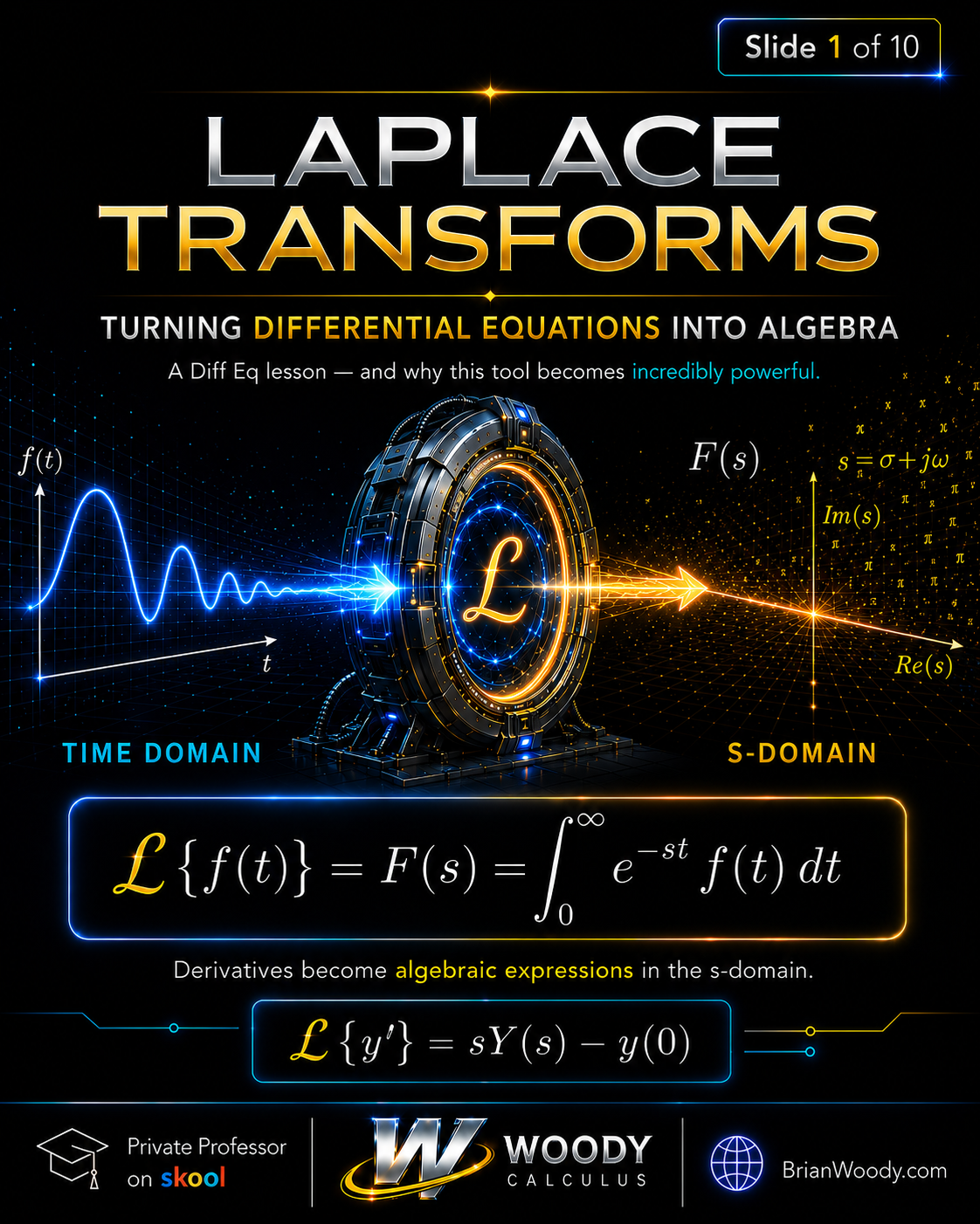 Laplace Transforms Turning Differential Equations Into Algebra Visual diagram showing a time-domain function transformed into an s-domain function through the Laplace Transform.