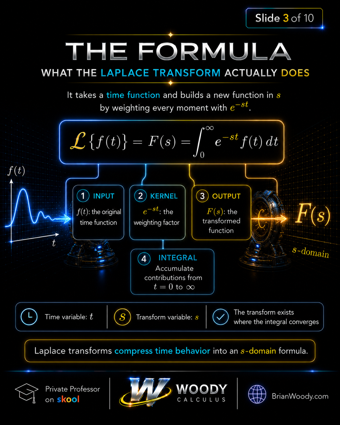 Laplace Transform Formula Explained Diagram explaining the Laplace Transform formula with input, kernel, output, and integral components.