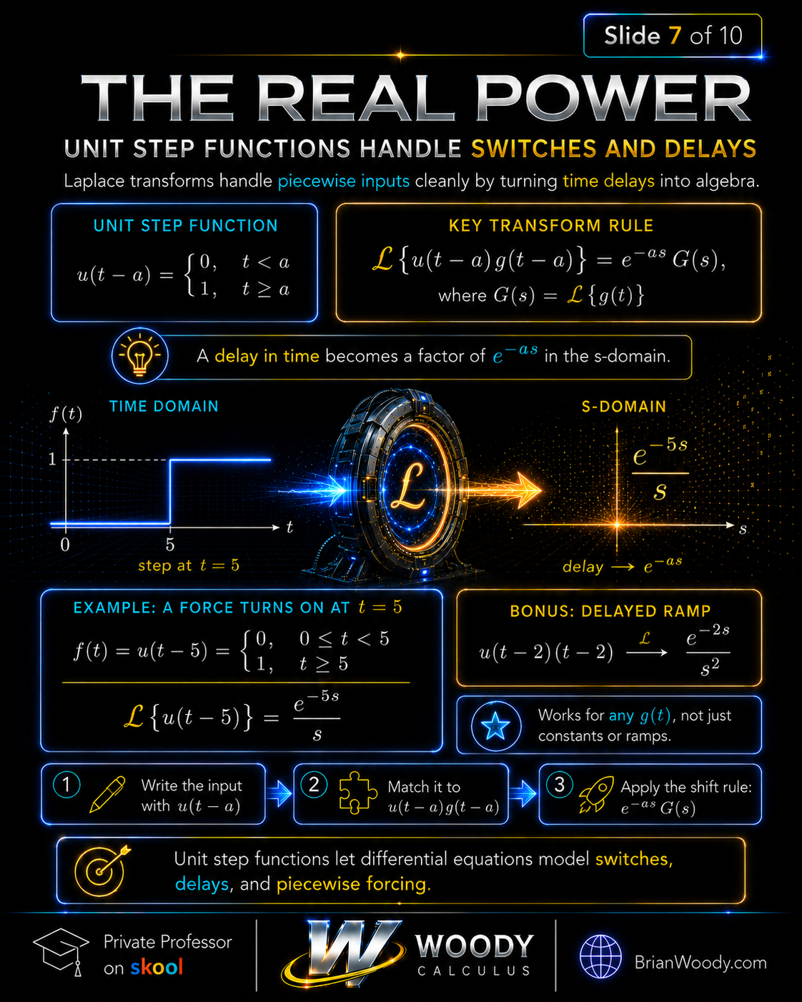 Unit Step Functions and Laplace Transform Delays Unit step function examples showing switches, delays, and piecewise forcing in Laplace Transform problems.