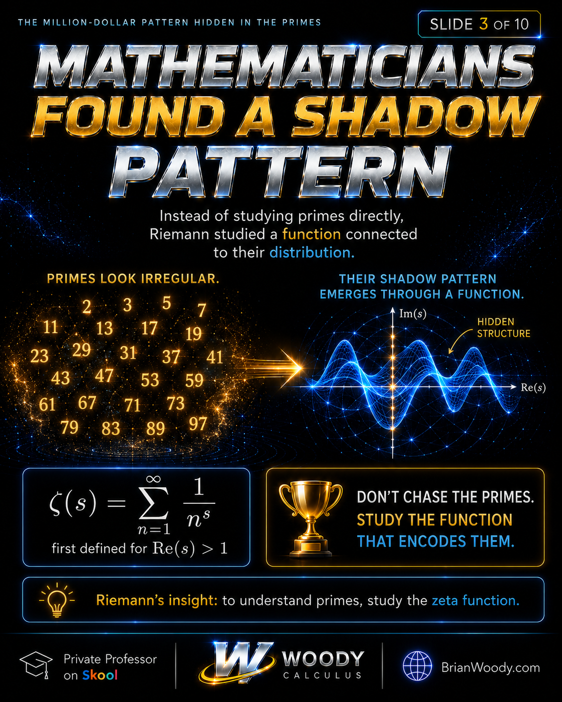 Riemann studied the zeta function as a shadow pattern connected to the distribution of prime numbers