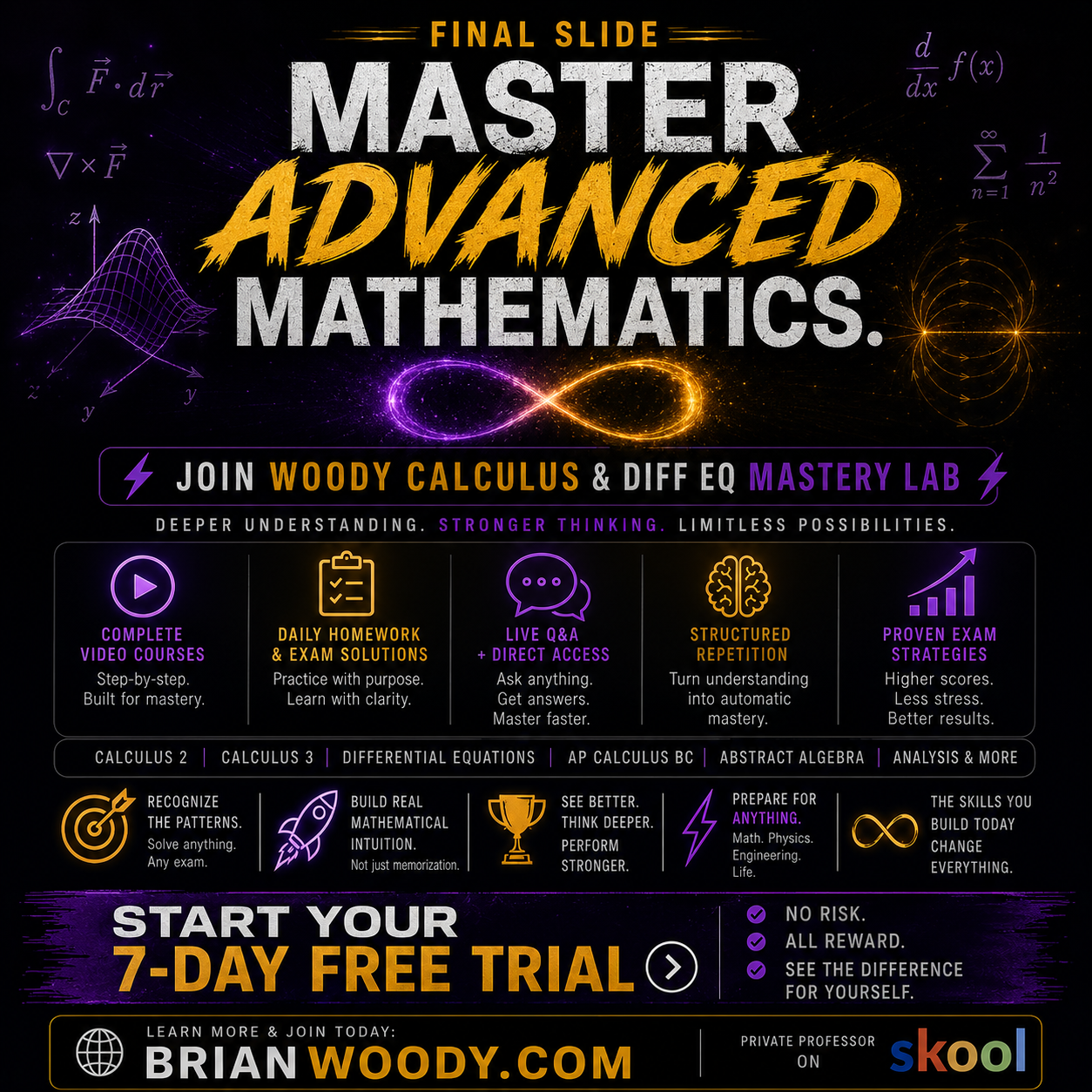 Woody Calculus advanced mathematics mastery lab and private professor final promotional slide.