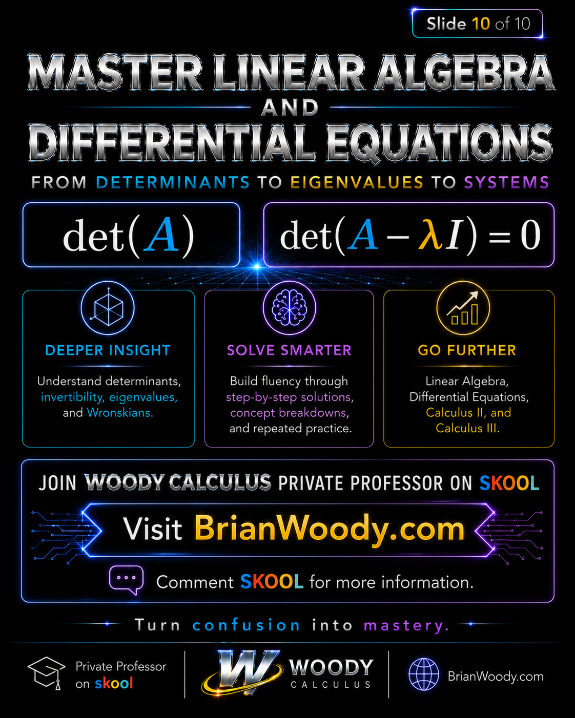 Master Determinants with Woody Calculus Woody Calculus slide encouraging students to master determinants, eigenvalues, Linear Algebra, and Differential Equations.