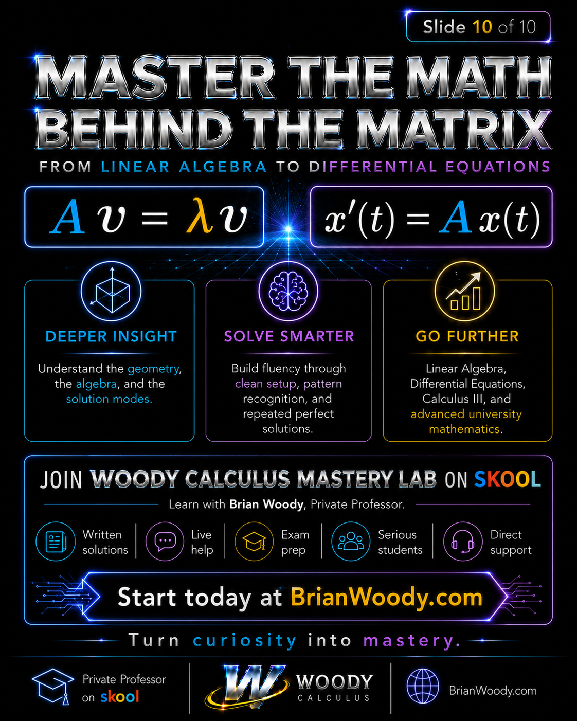 Master Eigenvalues and Eigenvectors with Woody Calculus Woody Calculus promotional slide encouraging students to master eigenvalues, eigenvectors, linear algebra, and differential equations.