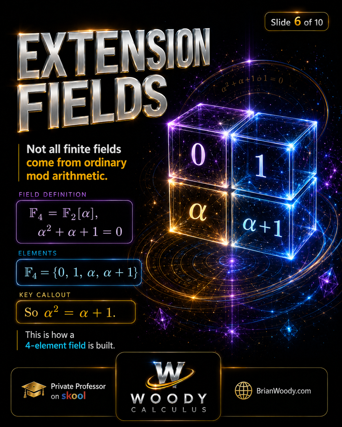 Extension Fields Explained Extension field F4 built from F2 with an element alpha satisfying alpha squared plus alpha plus one equals zero.