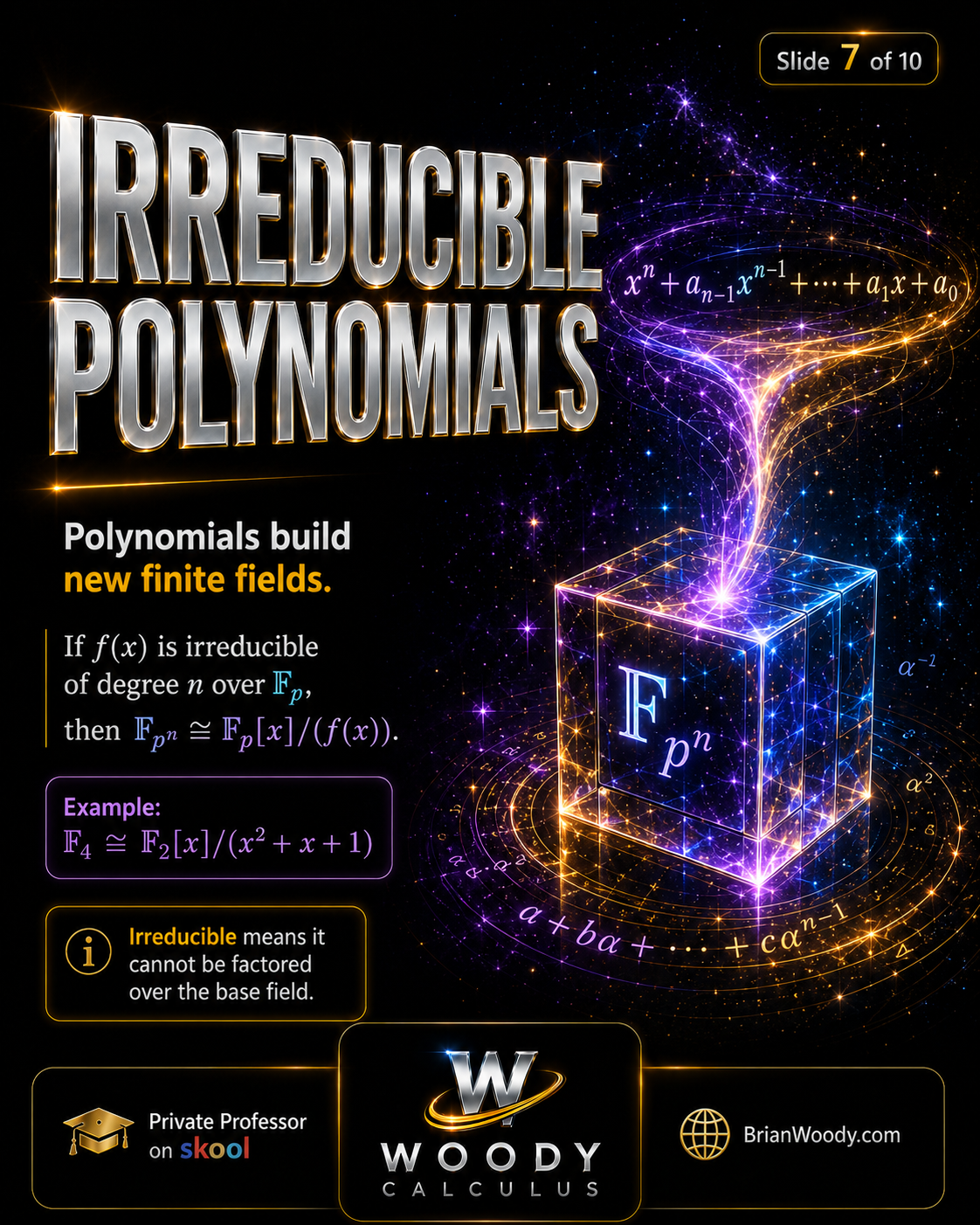 Irreducible Polynomials Build Finite Fields Irreducible polynomial construction showing F p to the n is isomorphic to F p bracket x modulo an irreducible polynomial f of x.
