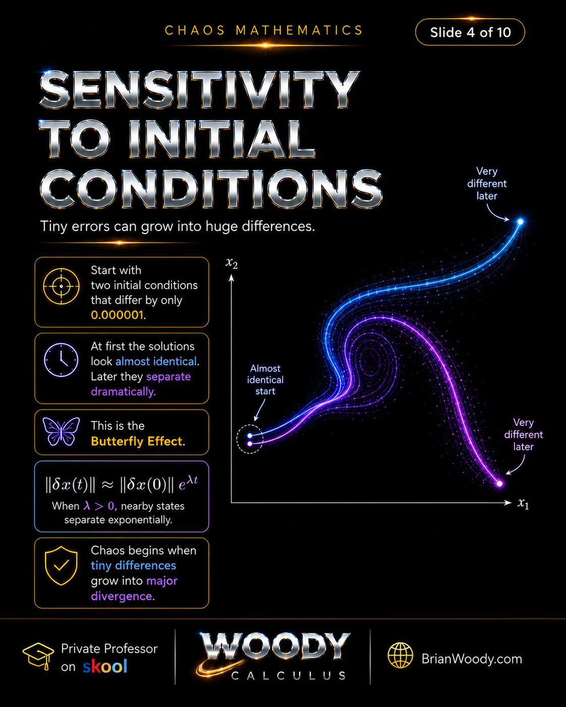 Sensitivity to Initial Conditions and the Butterfly Effect Sensitivity to initial conditions shown by two trajectories that start only 0.000001 apart and separate dramatically in phase space.