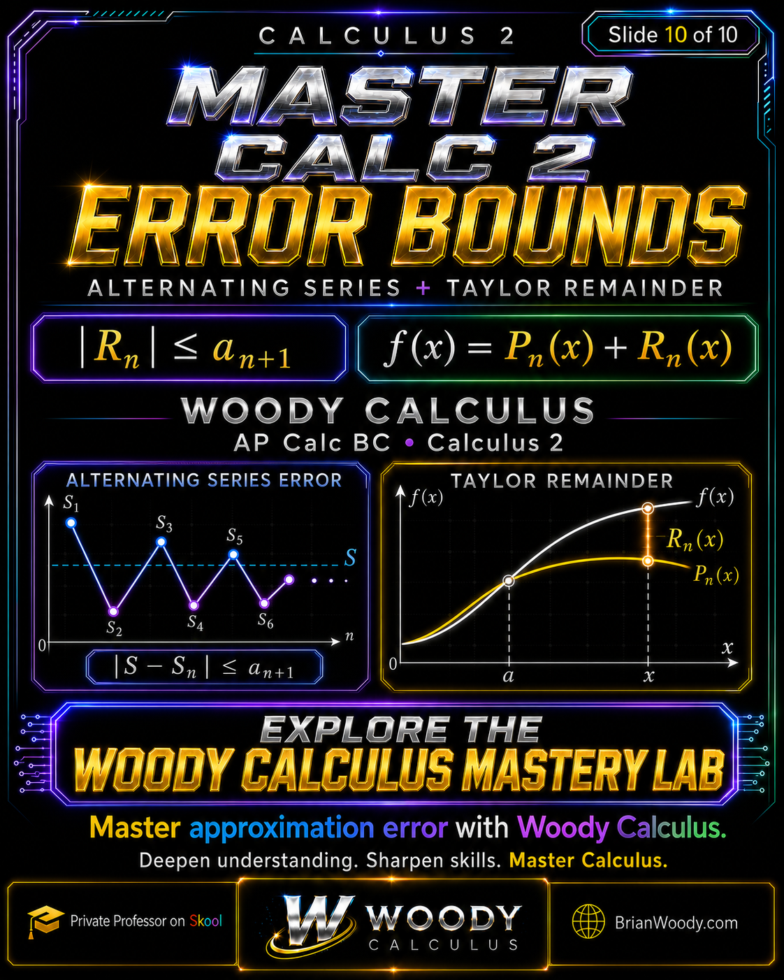 Master Calculus 2 Error Bounds Woody Calculus final summary slide for mastering Calculus 2 error bounds, alternating series error, Taylor remainder, and approximation accuracy.