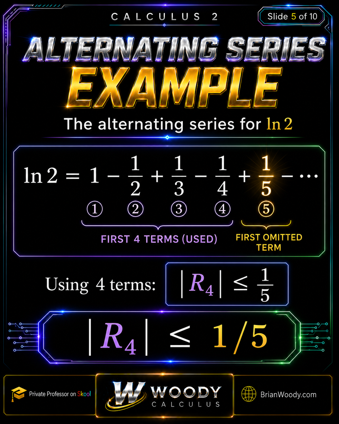 Alternating Series Example Woody Calculus worked example using the alternating series for ln 2 and showing that the four-term approximation has error at most one fifth.