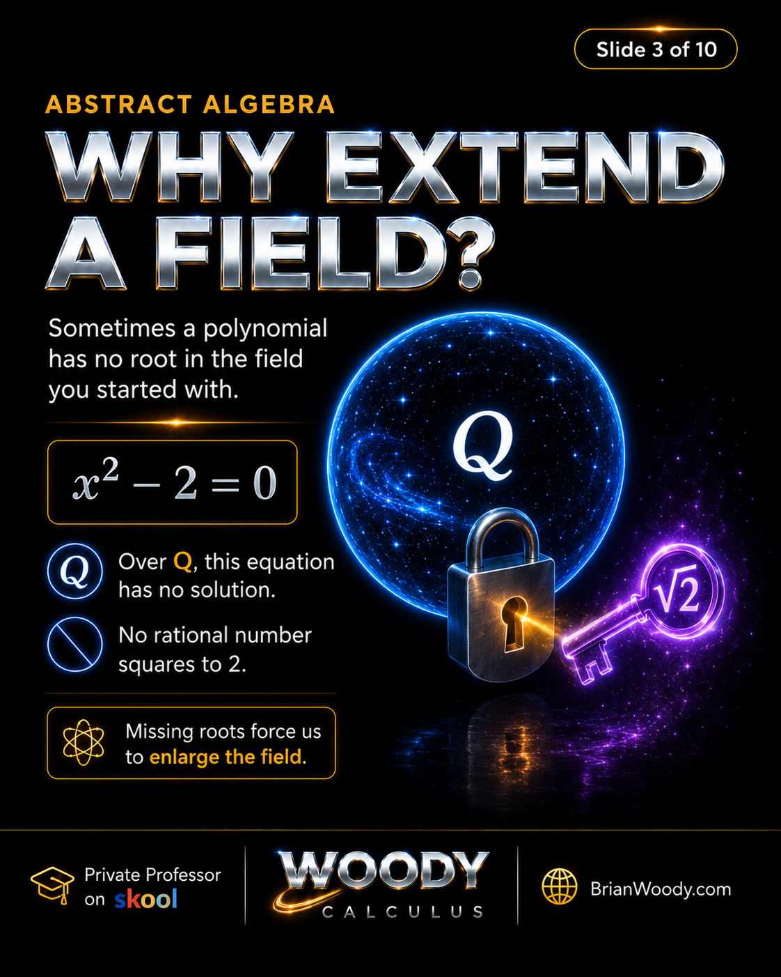 Why Extend a Field? Polynomial x squared minus 2 equals zero over Q showing no rational solution and the missing root square root of 2.