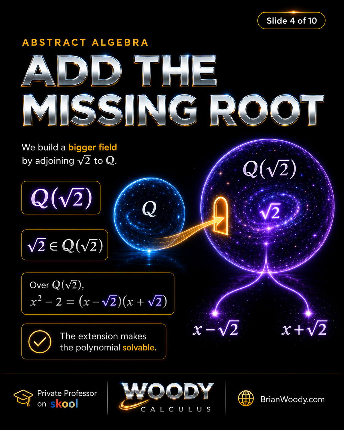 Add the Missing Root Adjoining square root of 2 to Q to form Q square root 2 and factor x squared minus 2 into x minus square root of 2 and x plus square root of 2.