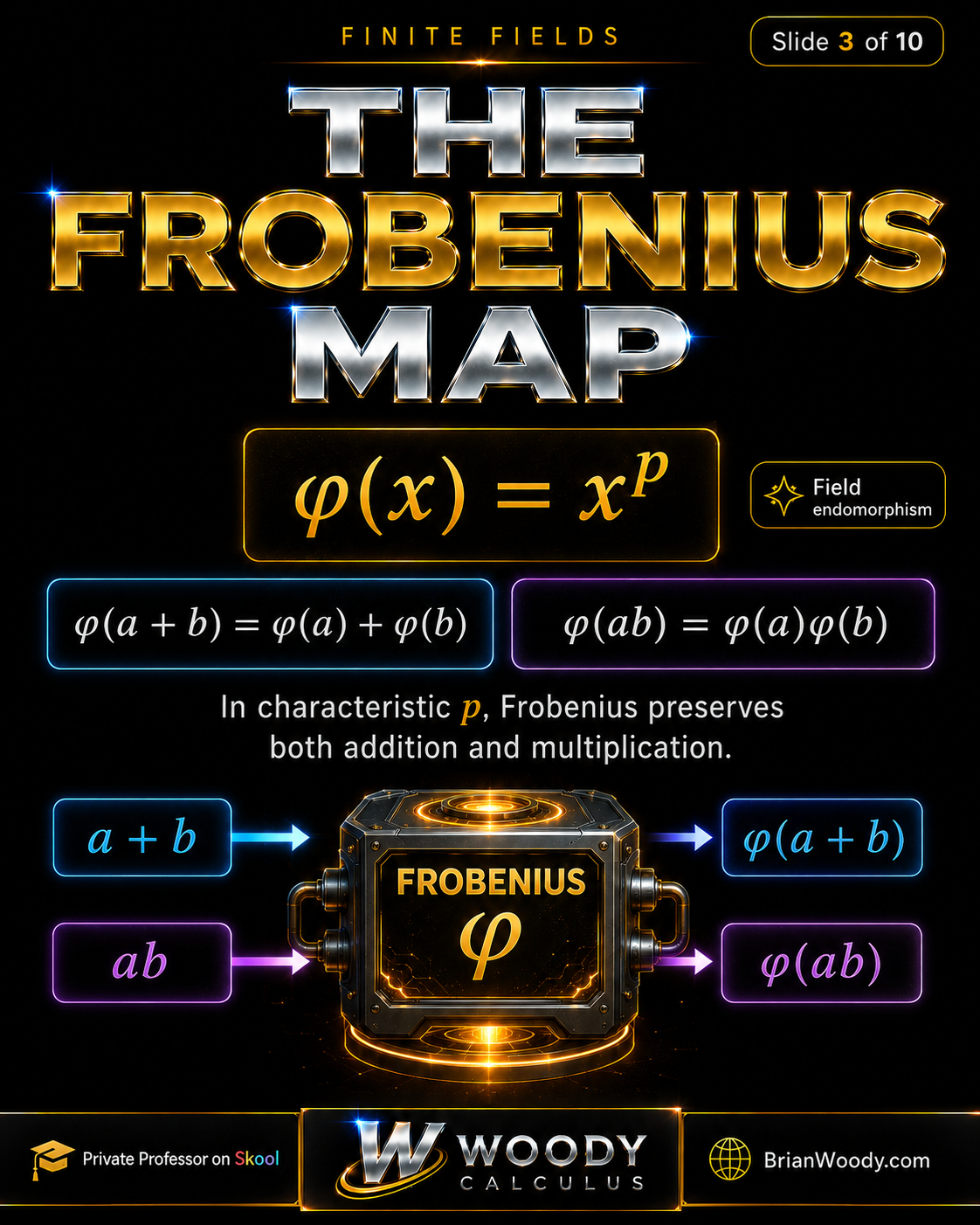 The Frobenius Map The Frobenius map phi of x equals x to the p power preserves addition and multiplication in characteristic p.