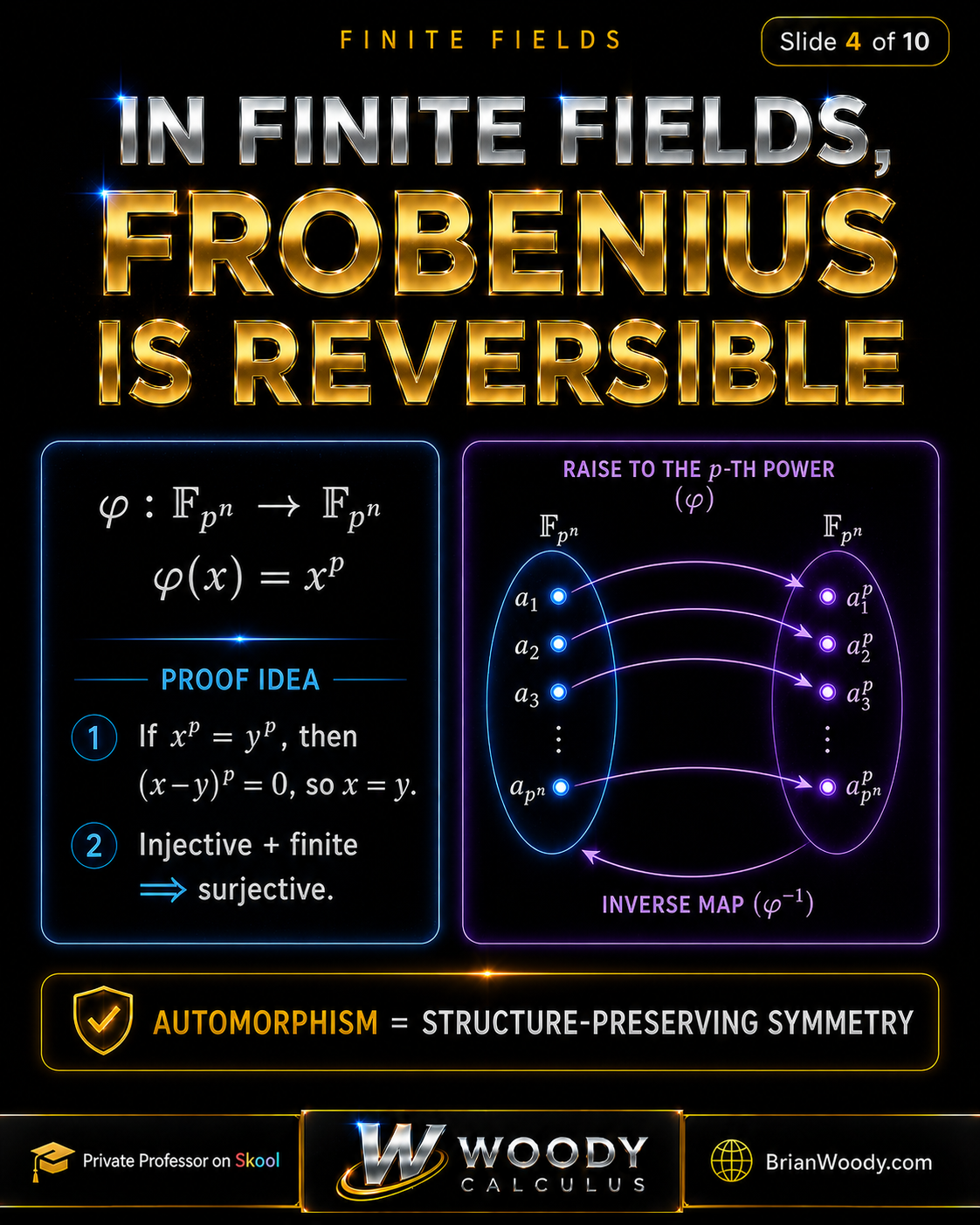 In Finite Fields, Frobenius Is Reversible In finite fields, the Frobenius map phi from F p n to F p n is reversible because injective maps on finite sets are surjective.