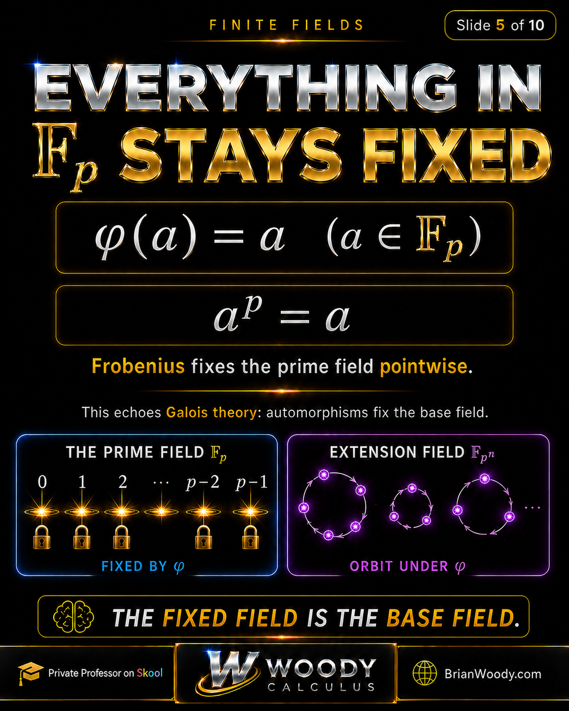 Everything in Fp Stays Fixed Everything in F p stays fixed under Frobenius because phi of a equals a and a to the p equals a for all elements of F p.