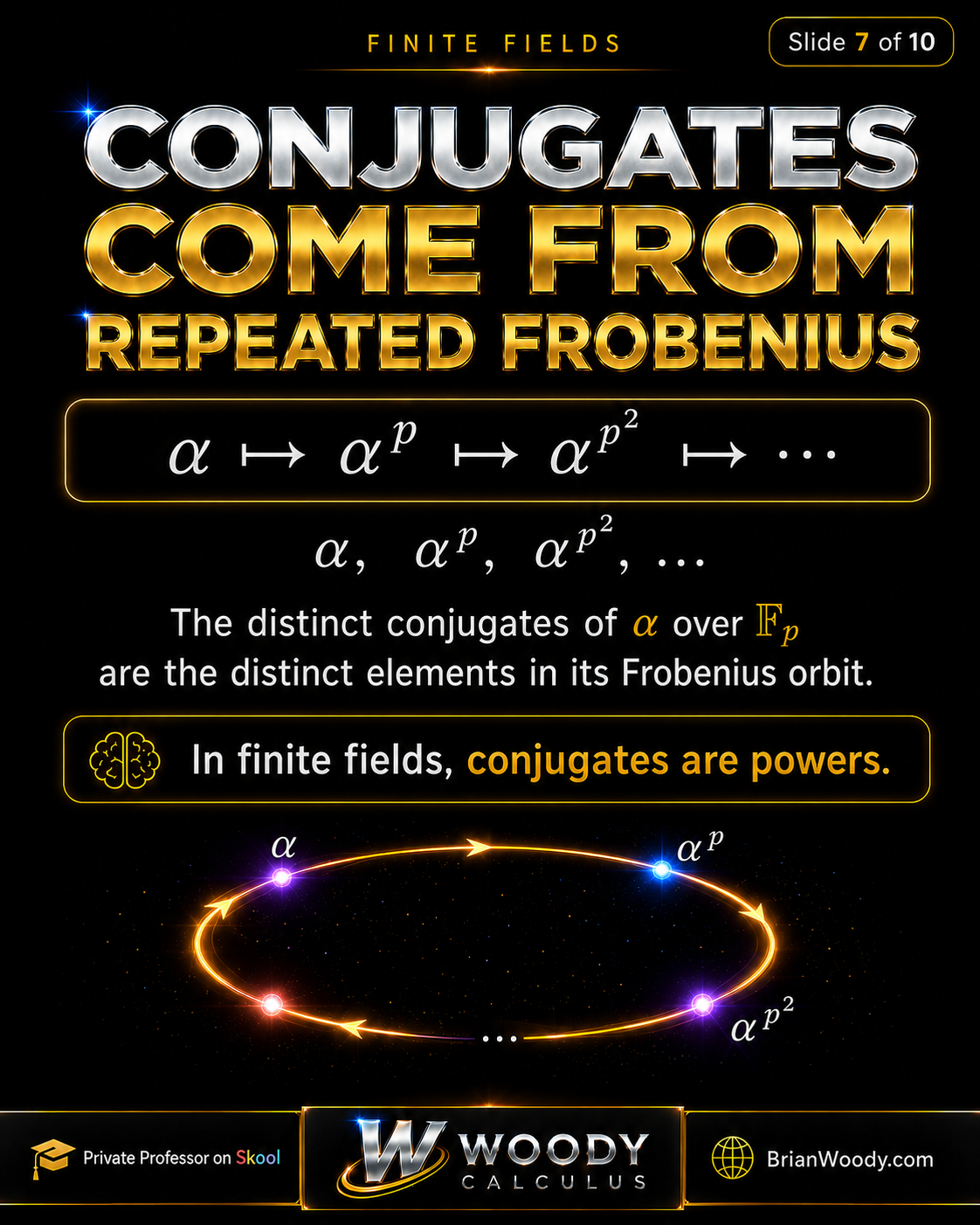 Conjugates Come from Repeated Frobenius Conjugates in finite fields come from repeated Frobenius powers alpha, alpha to the p, alpha to the p squared, and so on.