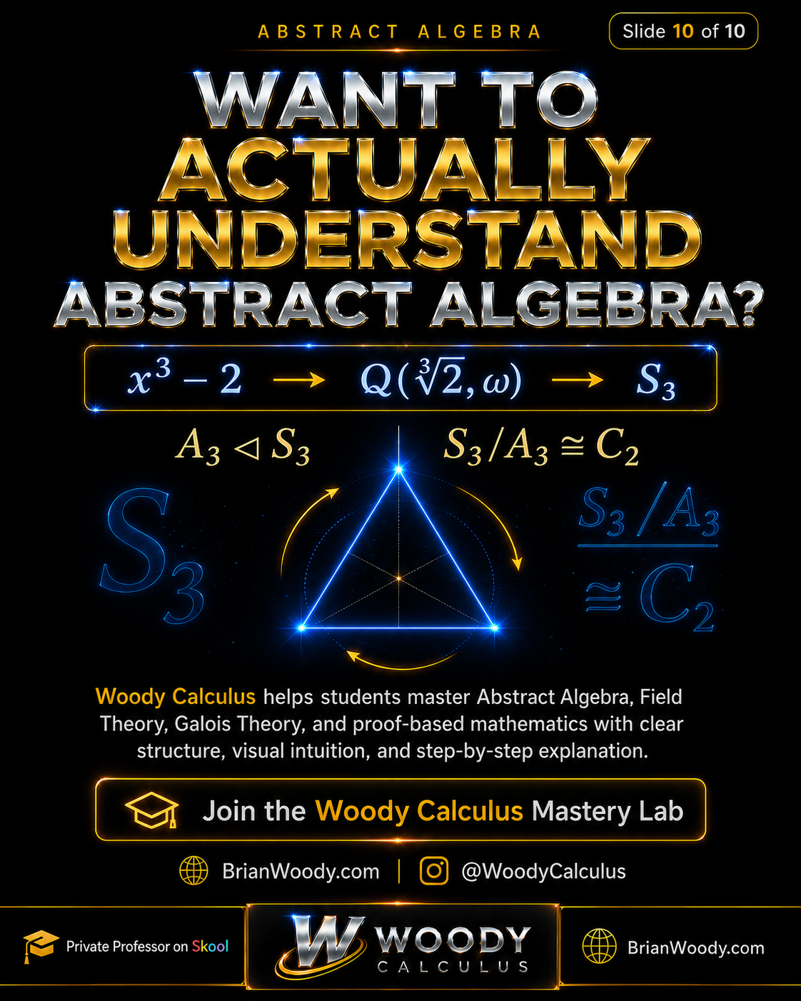 Master Abstract Algebra with Woody Calculus Woody Calculus helps students understand Abstract Algebra, Field Theory, Galois Theory, quotient groups, and proof-based mathematics.
