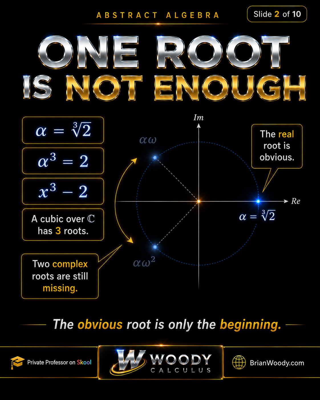 One Root Is Not Enough One root is not enough for x cubed minus 2 because the real root cube root of 2 is obvious but two complex roots are still missing.