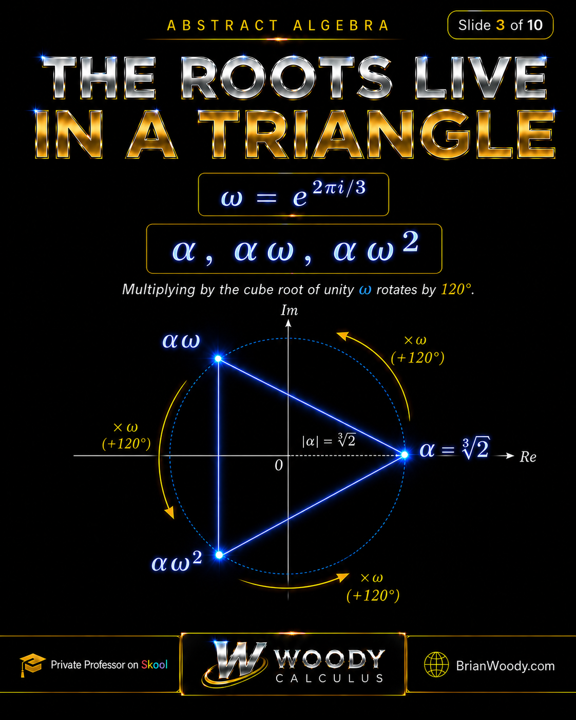 The Roots Live in a Triangle The roots of x cubed minus 2 live in an equilateral triangle: alpha, alpha omega, and alpha omega squared, rotated by the primitive cube root of unity.