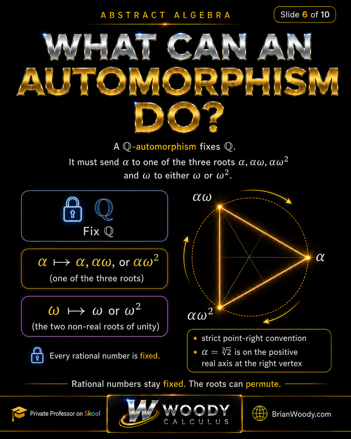What Can an Automorphism Do? A Q automorphism fixes rational numbers and permutes the roots alpha, alpha omega, alpha omega squared while sending omega to omega or omega squared.