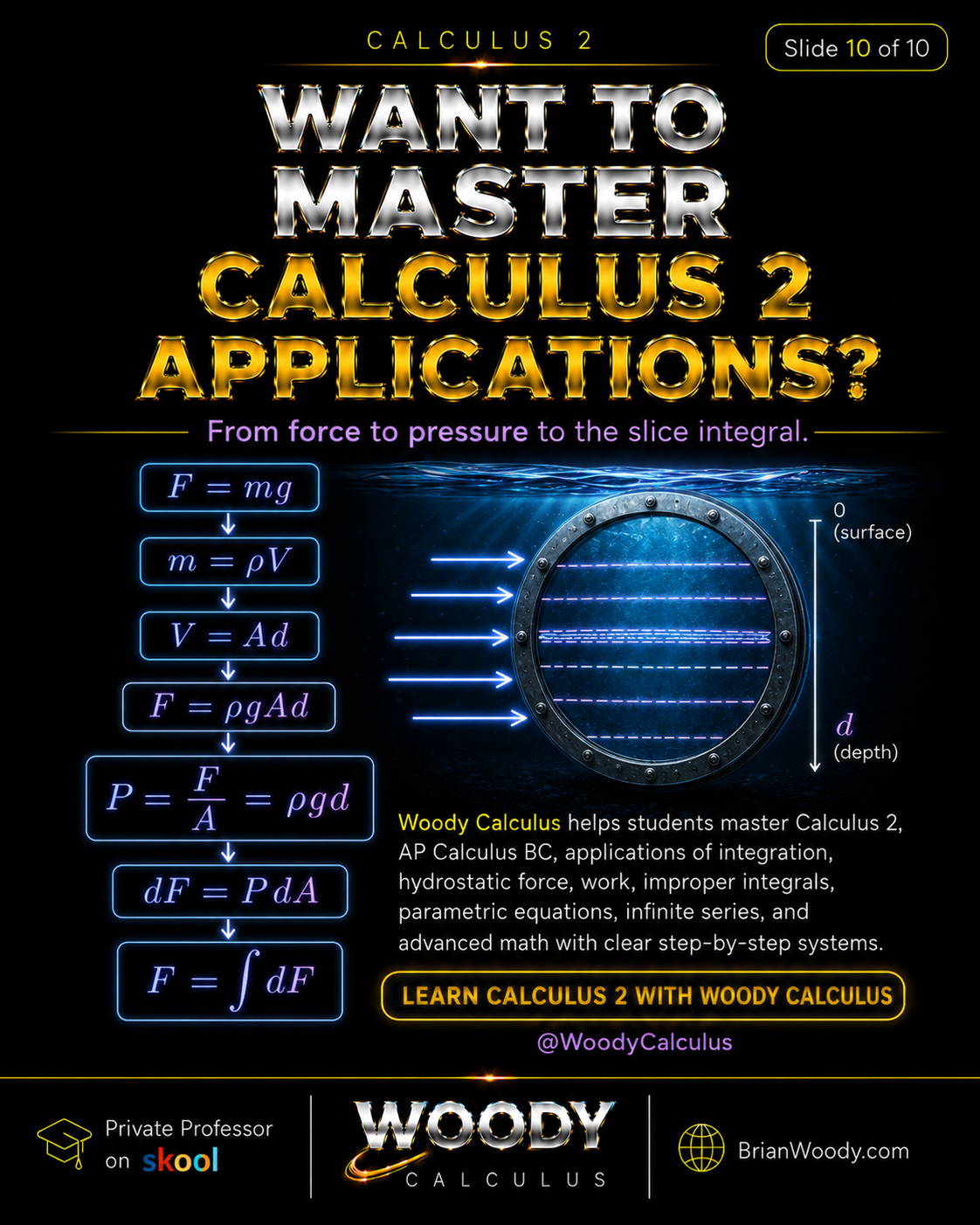 Want to Master Calculus 2 Applications? Woody Calculus call to action for mastering Calculus 2 applications, hydrostatic force, work, improper integrals, parametric equations, infinite series, and advanced math.