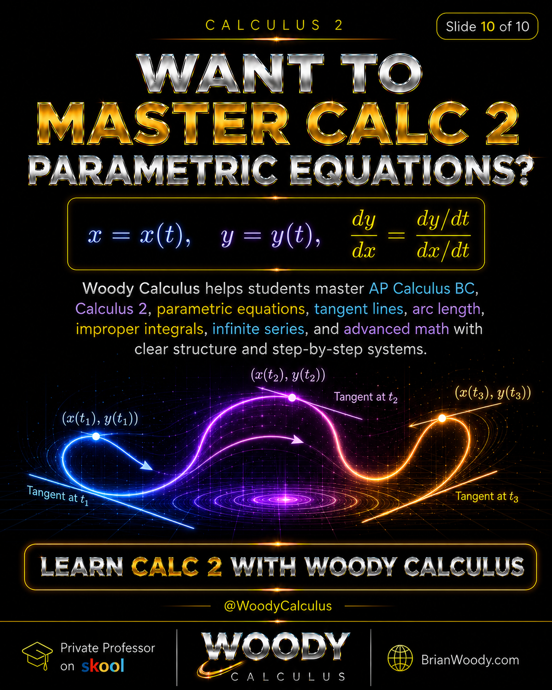Want to Master Calc 2 Parametric Equations? Woody Calculus call to action for mastering Calculus 2 parametric equations, tangent lines, arc length, improper integrals, infinite series, and advanced math.