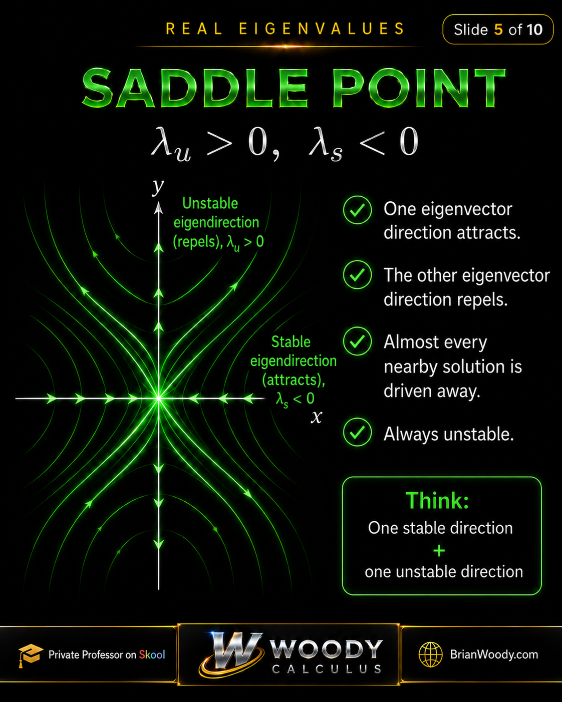 Saddle Point Phase Portrait Saddle point phase portrait with one positive eigenvalue and one negative eigenvalue, showing stable and unstable eigendirections through the equilibrium.