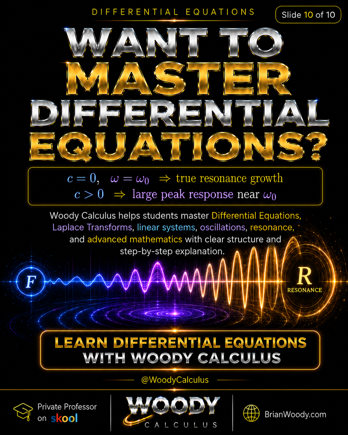Want to Master Differential Equations? Woody Calculus Differential Equations CTA for resonance, forced oscillations, Laplace transforms, linear systems, oscillations, and advanced mathematics.