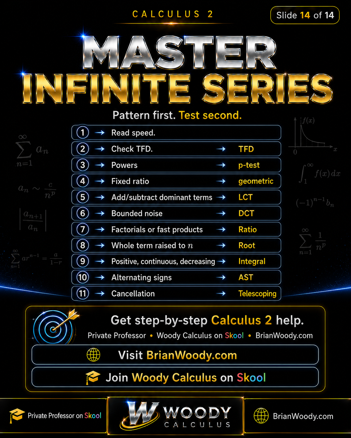 Master Infinite Series: Pattern First, Test Second Master infinite series checklist for Calculus 2: read speed, check divergence test, p-test, geometric, LCT, DCT, Ratio, Root, Integral, AST, and telescoping.