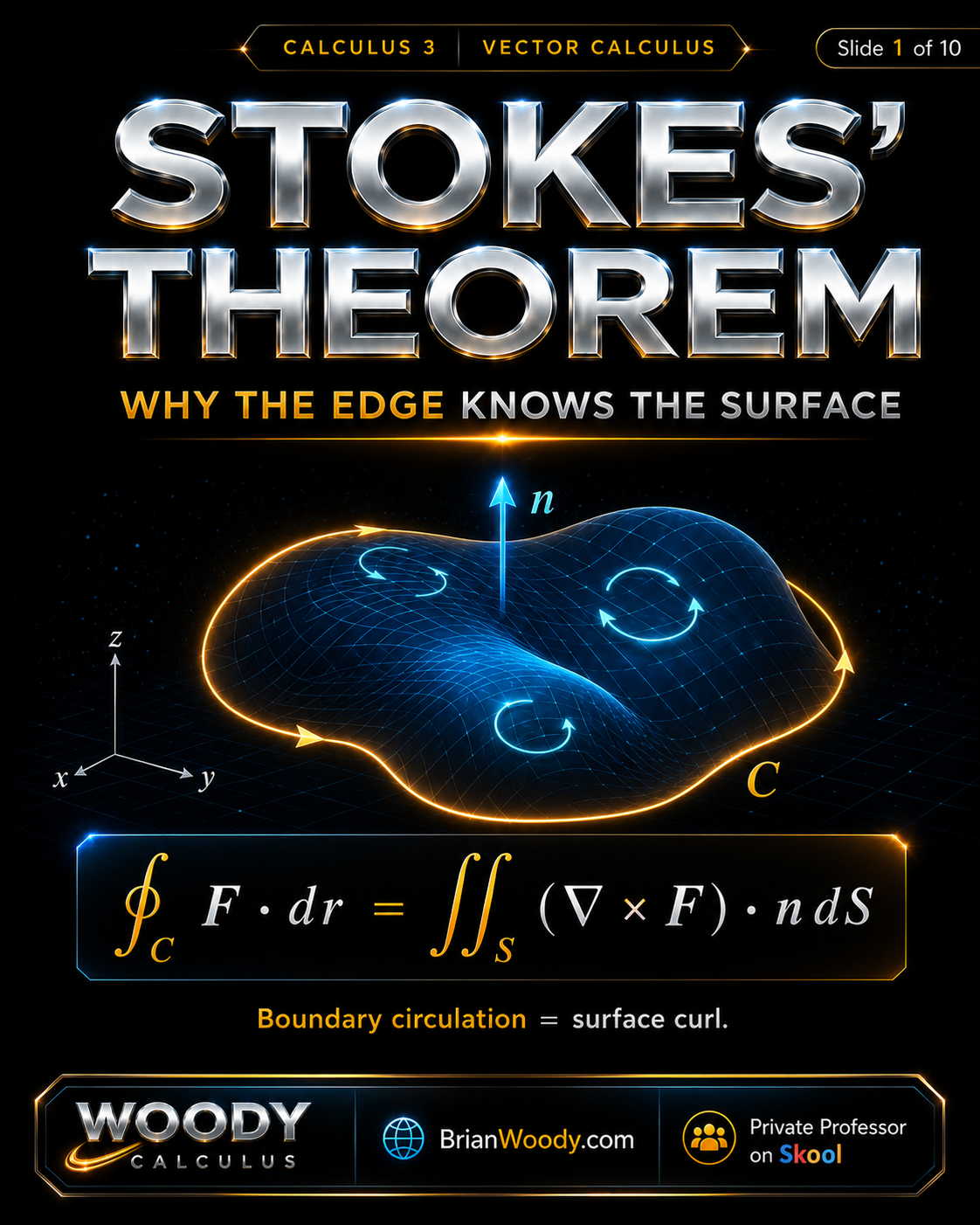 Stokes’ Theorem visual showing a surface S with boundary curve C and the formula boundary circulation equals surface curl.