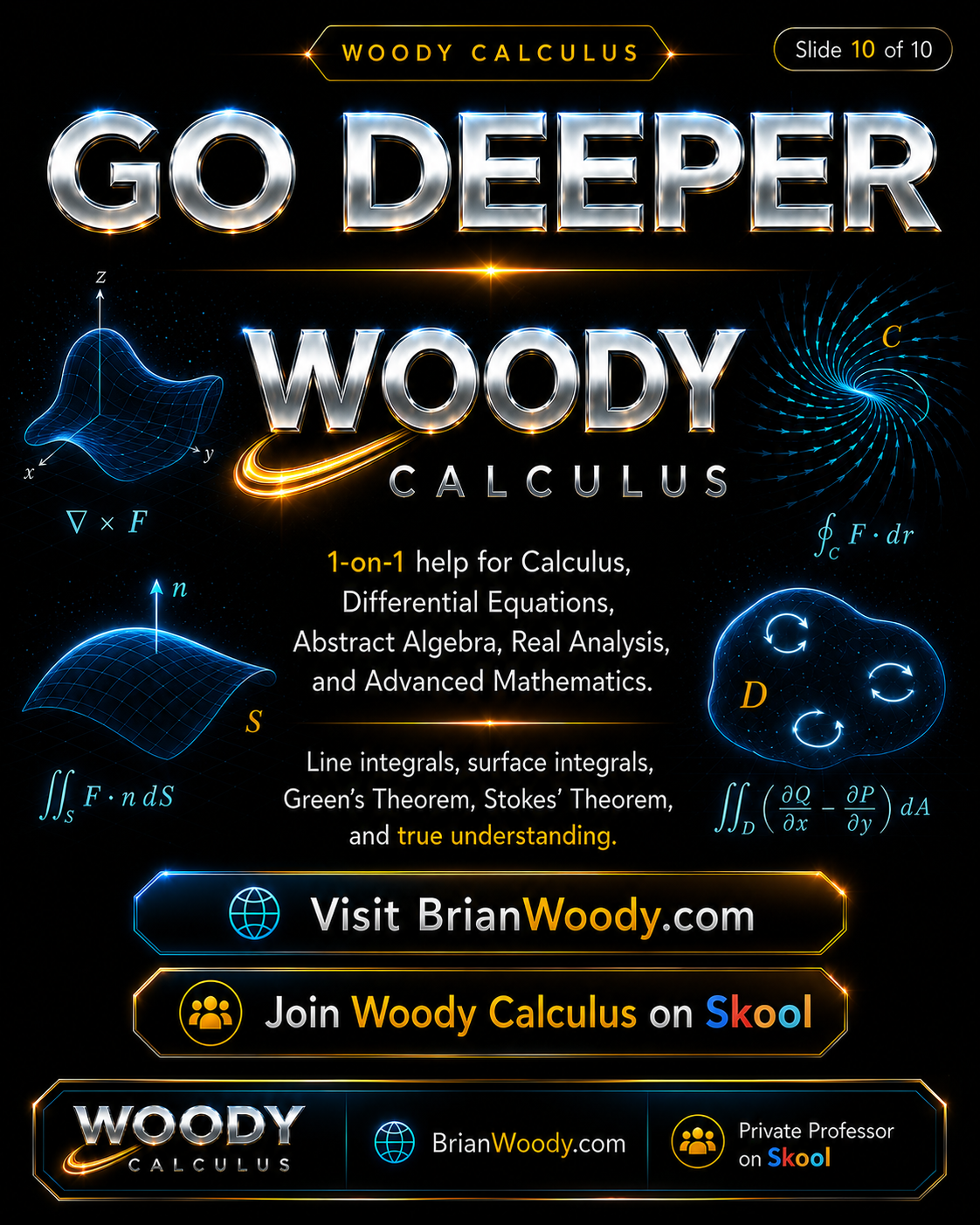 Go Deeper with Woody Calculus Woody Calculus slide connecting Stokes’ Theorem, Green’s Theorem, curl, line integrals, surface integrals, and vector calculus.