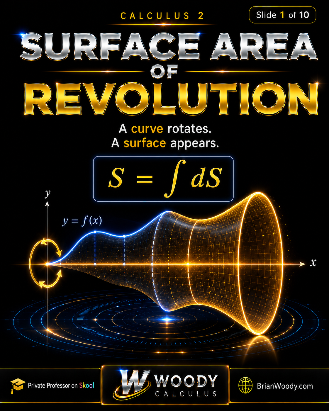 Woody Calculus diagram showing a curve rotating around the x-axis to create a three-dimensional surface of revolution.