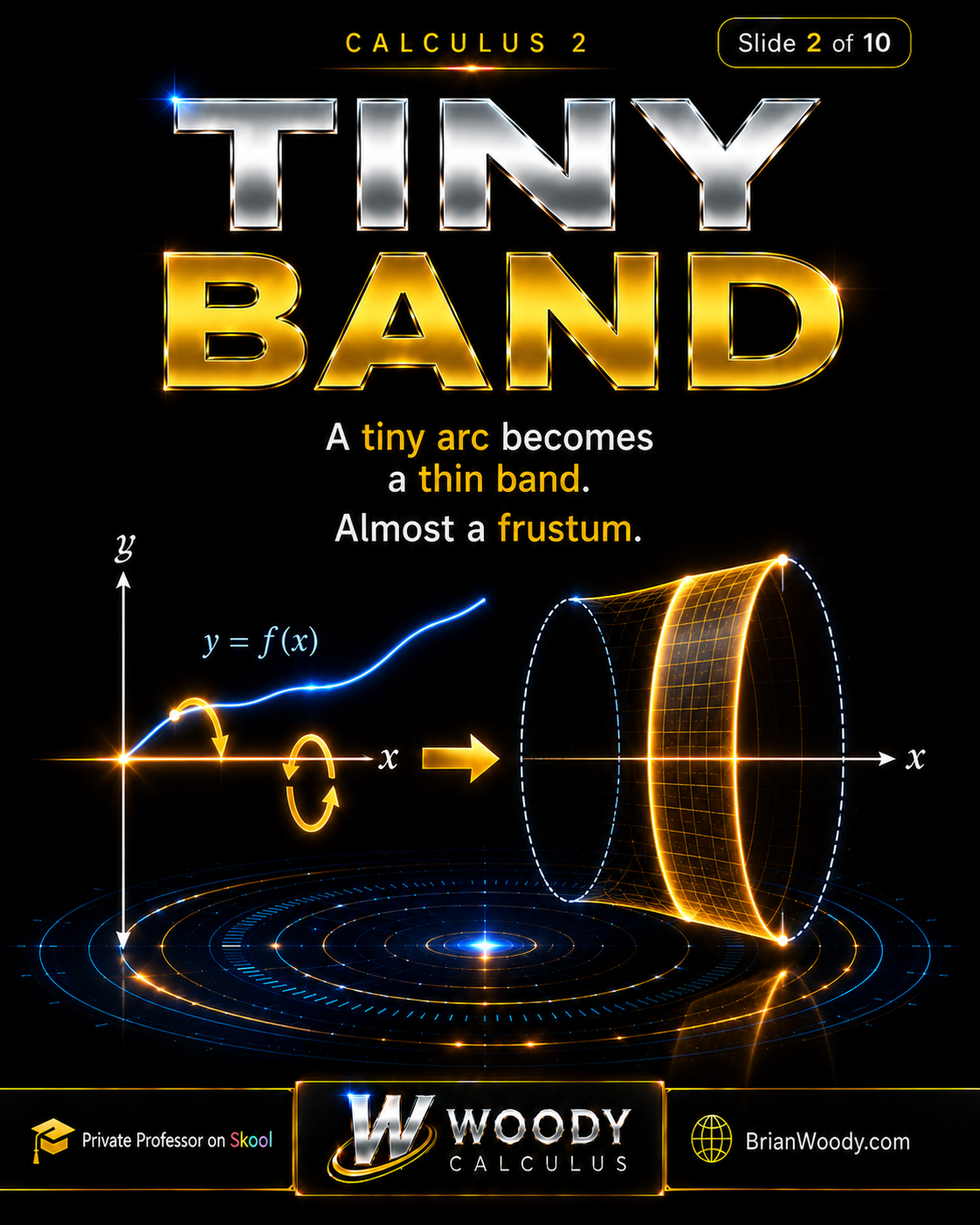 A Tiny Arc Becomes a Thin Band A tiny arc rotating into a thin frustum-like circular band used to derive the surface-area-of-revolution formula.