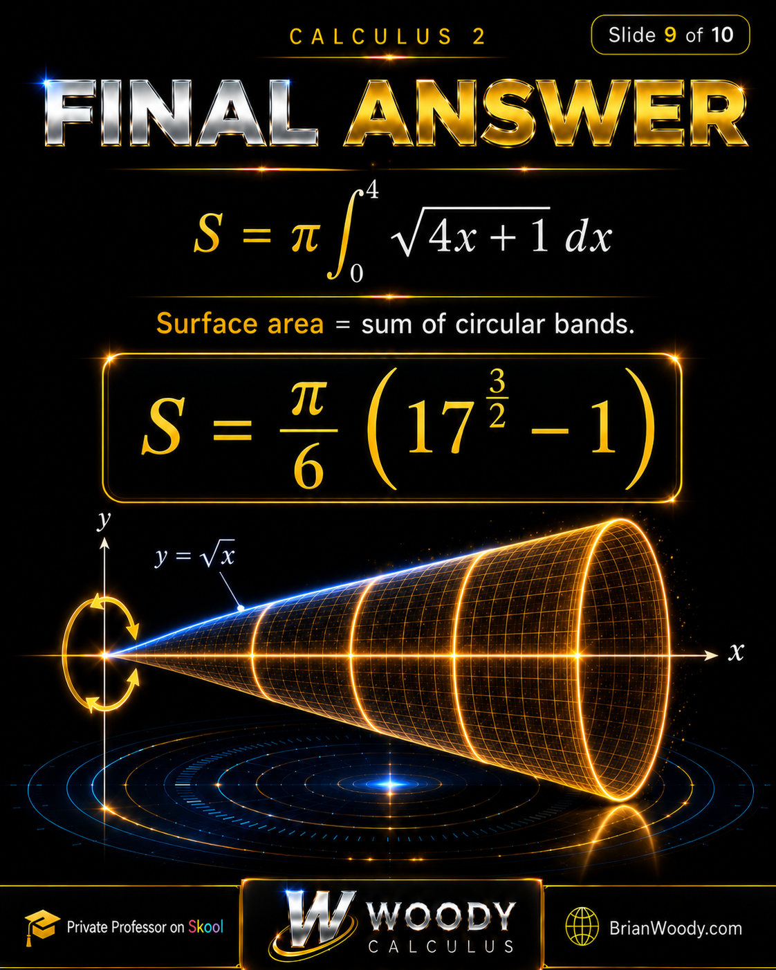 Surface Area Final Answer Final evaluation of the surface area integral for y equals square root x rotated around the x-axis.
