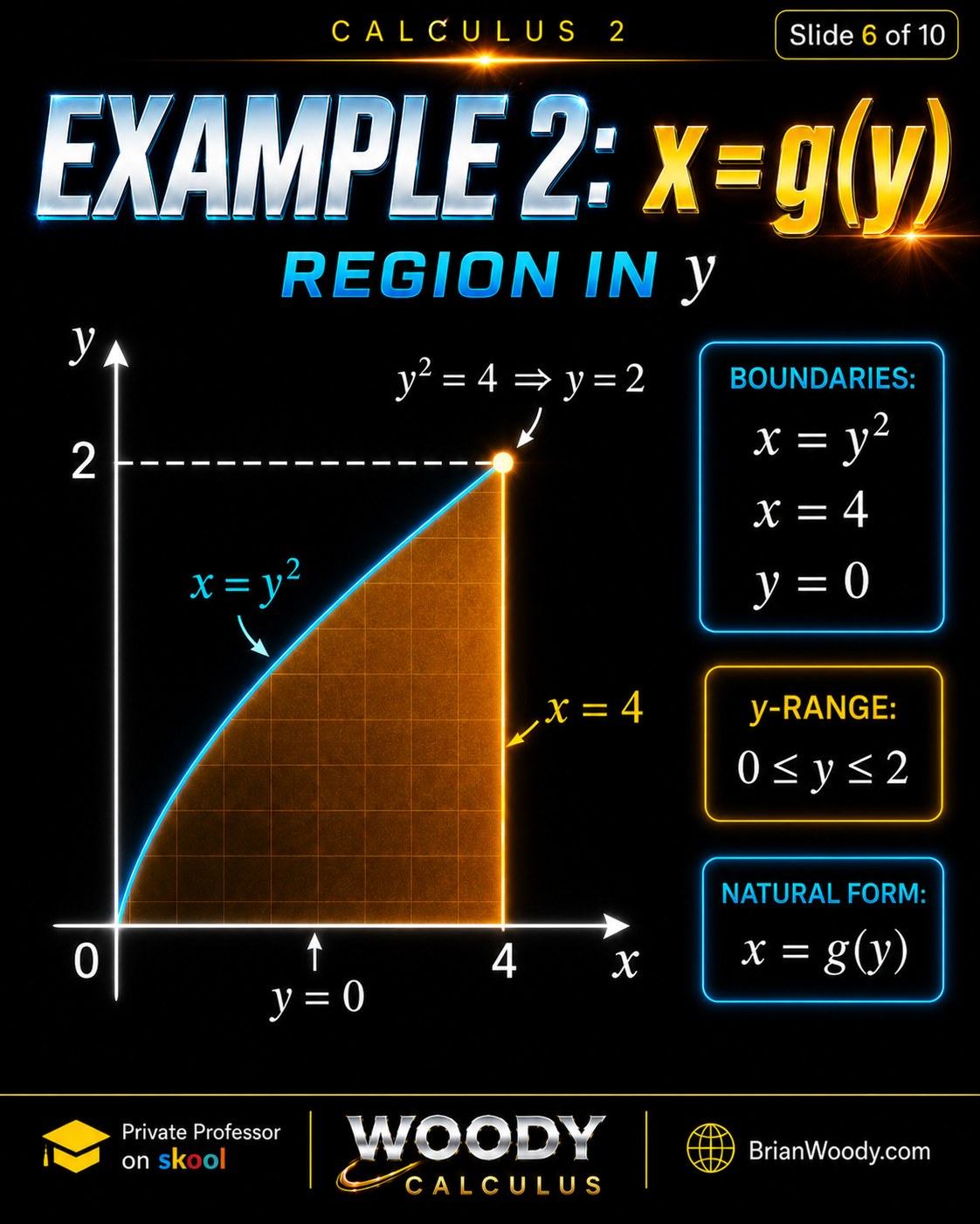 Example 2: Region in y Calculus 2 region bounded by x equals y squared, x equals 4, and y equals 0 with y range 0 to 2 for washer and shell method examples.