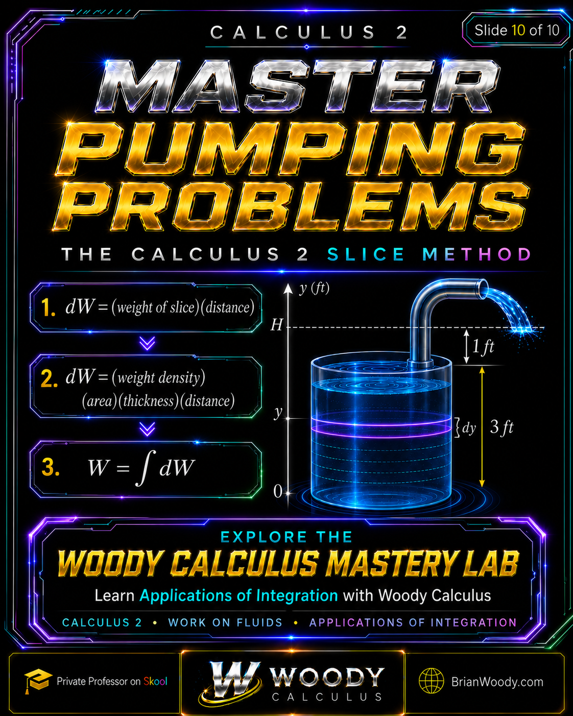 Master Pumping Water Problems Woody Calculus summary of pumping-water problems showing differential work, weight density, slice area, thickness, lift distance, and the total work integral.