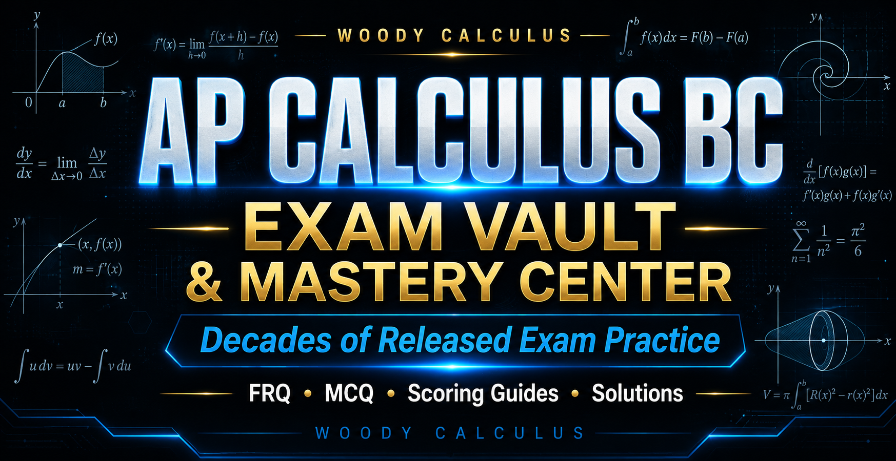 AP Calculus BC Exam Vault and Mastery Center with decades of released FRQ, MCQ, scoring guides, solutions, and exam practice from Woody Calculus