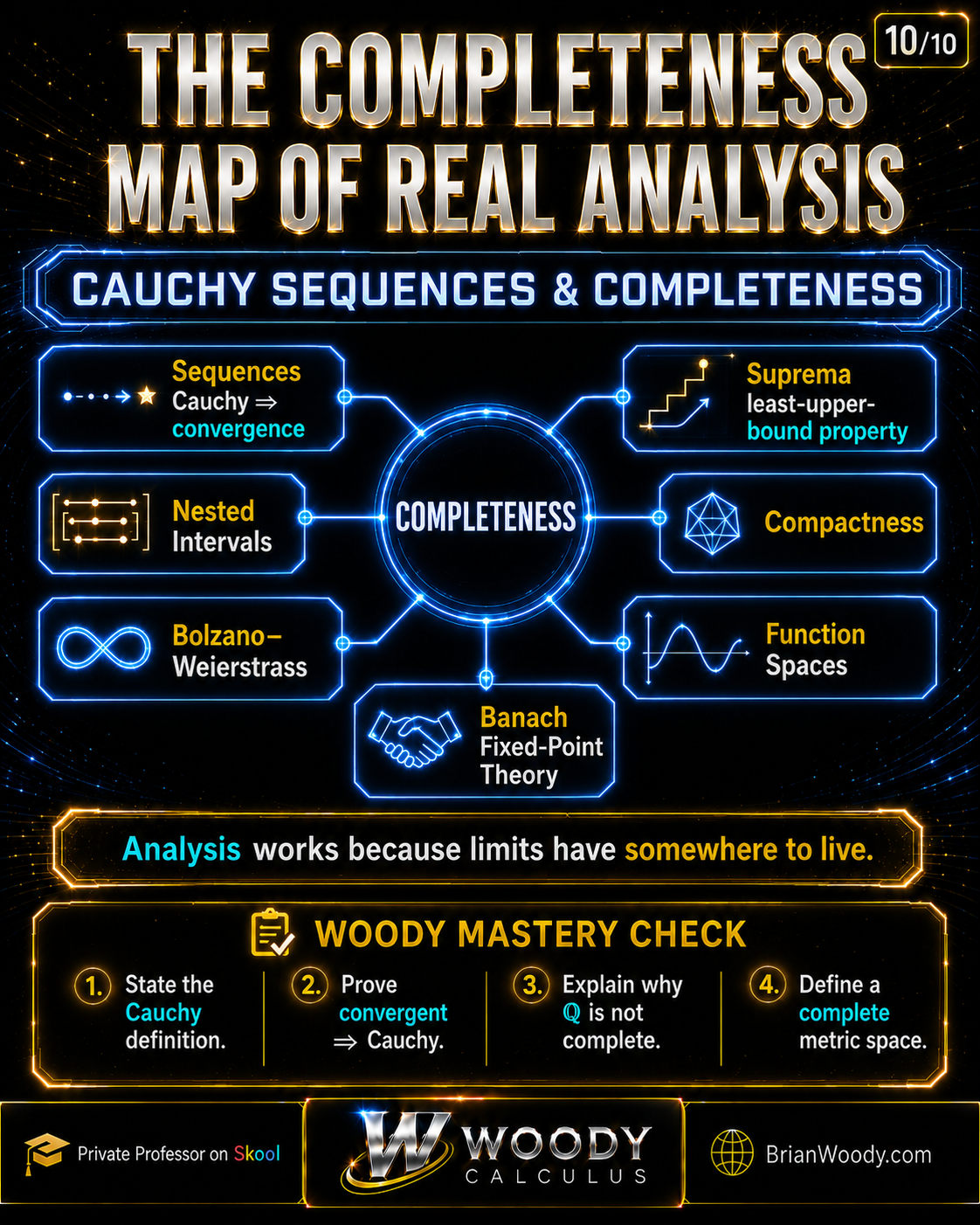 Completeness concept map connecting Cauchy sequences, suprema, nested intervals, Bolzano-Weierstrass, compactness, function spaces, and Banach fixed-point theory.