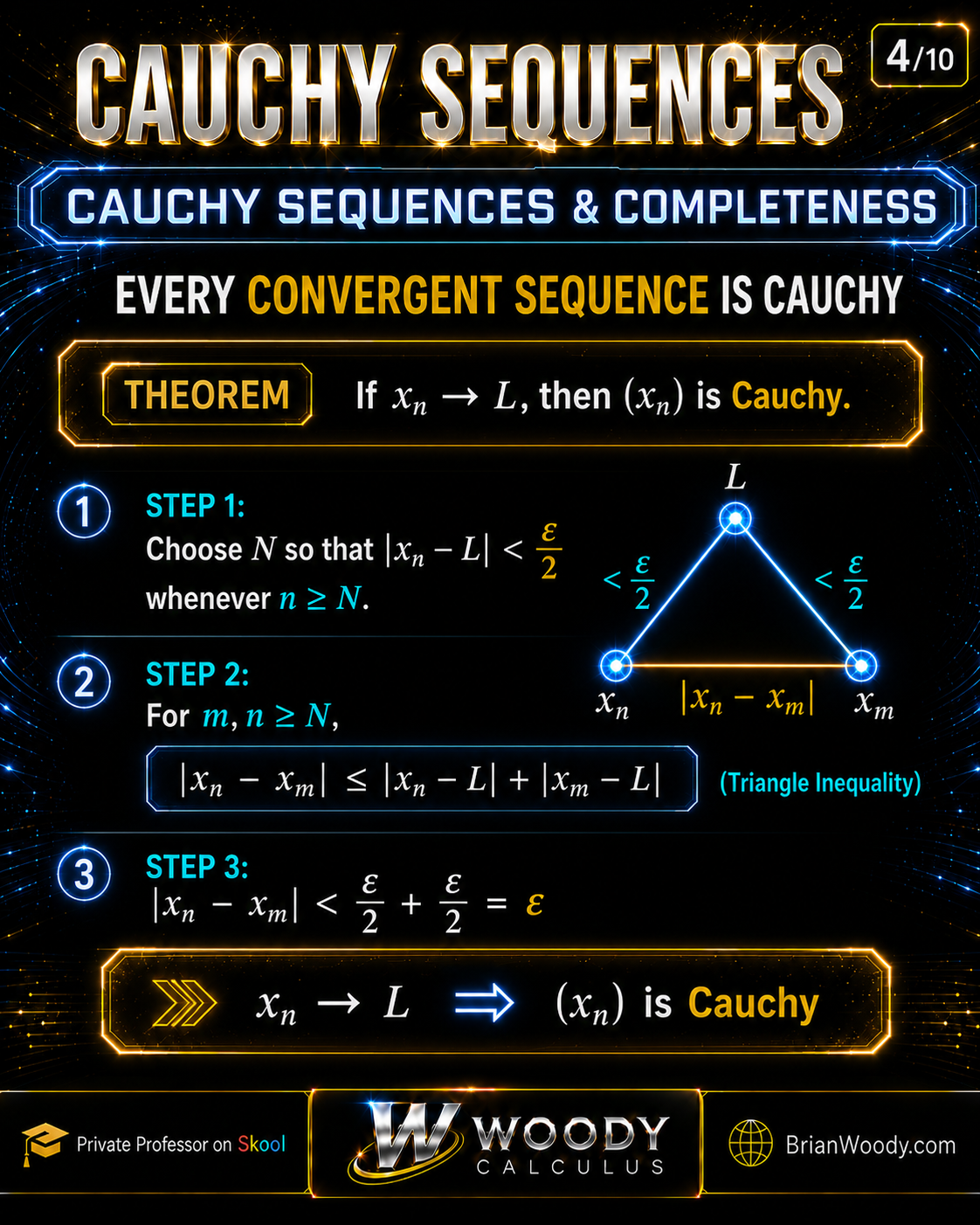 Proof infographic using epsilon over 2 and the triangle inequality to show every convergent sequence is Cauchy.