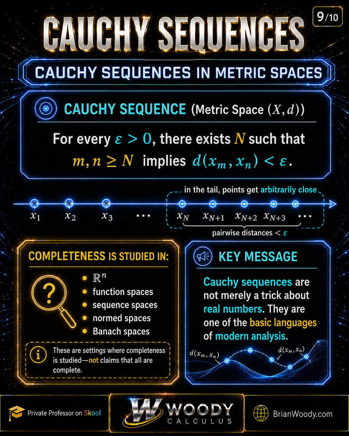 Metric-space Cauchy definition infographic using d(x_m,x_n) less than epsilon and listing settings where completeness is studied.