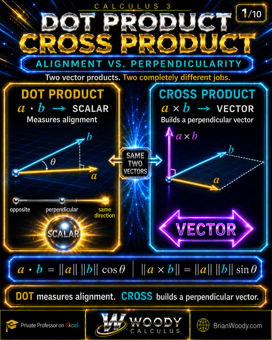 Dot and cross product comparison showing scalar alignment versus a perpendicular vector, with cosine and sine formulas.