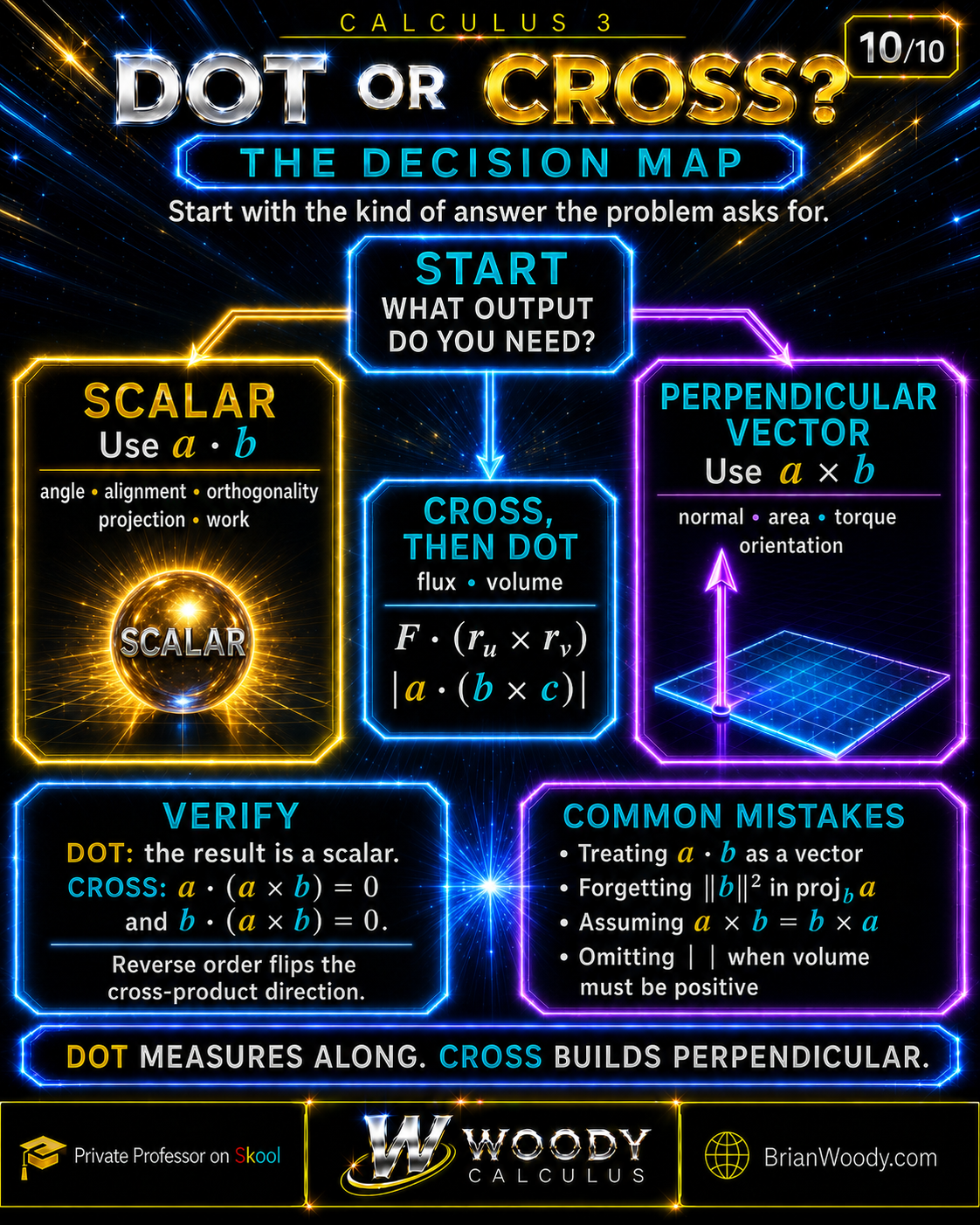 Decision map for choosing the dot product for scalar outputs or the cross product for perpendicular-vector outputs.
