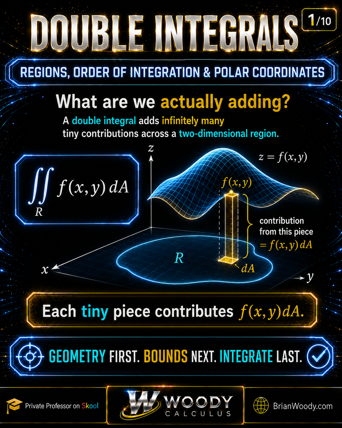 Slide 1 of 10 for a Woody Calculus lesson on double integrals, showing a surface z equals f of x y above a planar region R and the contribution f of x y dA from a tiny area element.